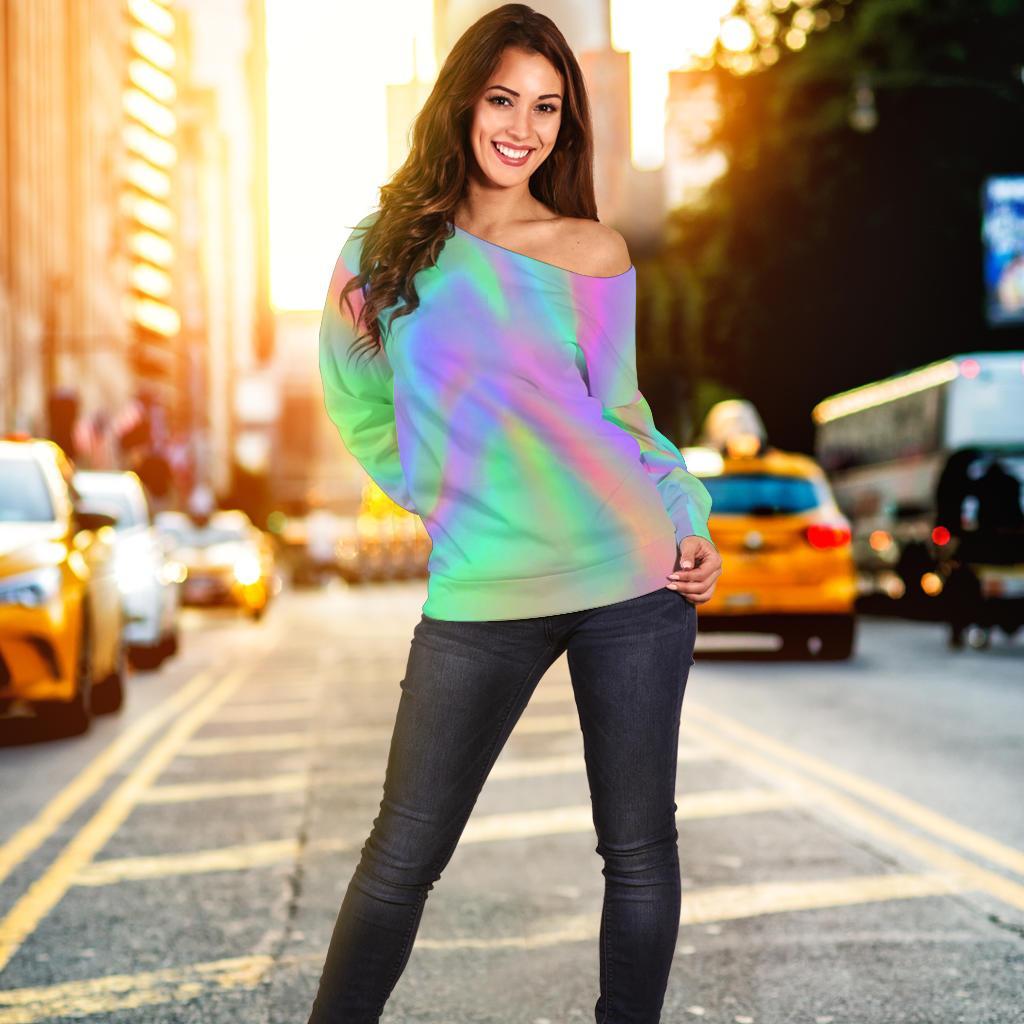 Psychedelic Holographic Trippy Print Off Shoulder Sweatshirt GearFrost