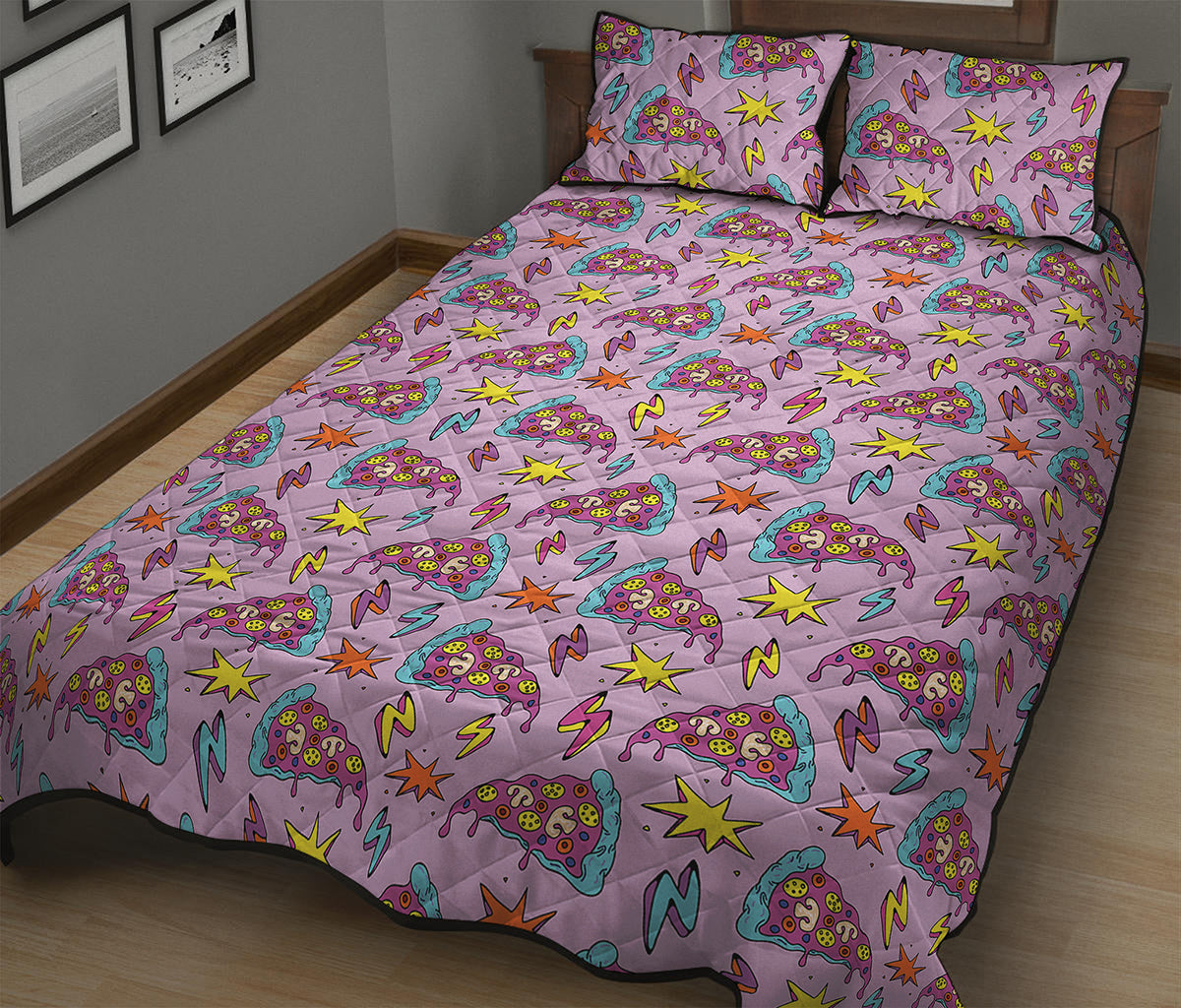 Psychedelic Pizza Pattern Print Quilt Bed Set