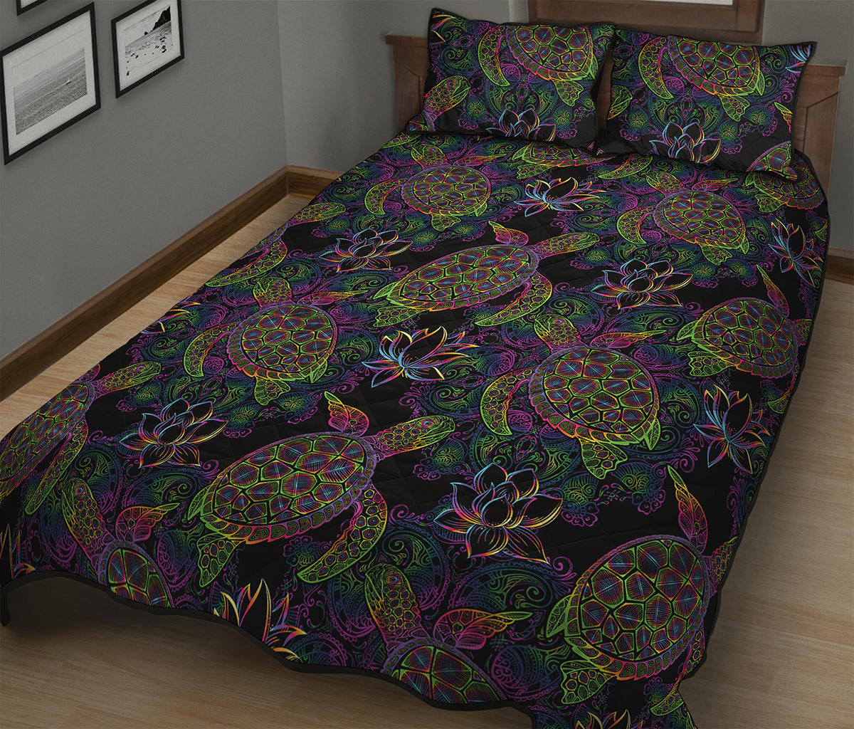 Psychedelic Sea Turtle Pattern Print Quilt Bed Set