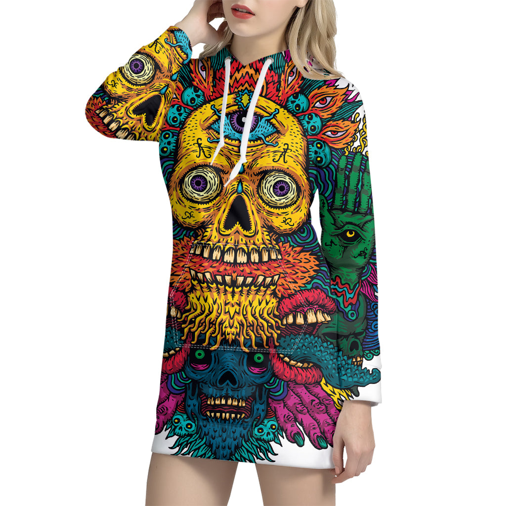 Psychedelic Skull Print Pullover Hoodie Dress