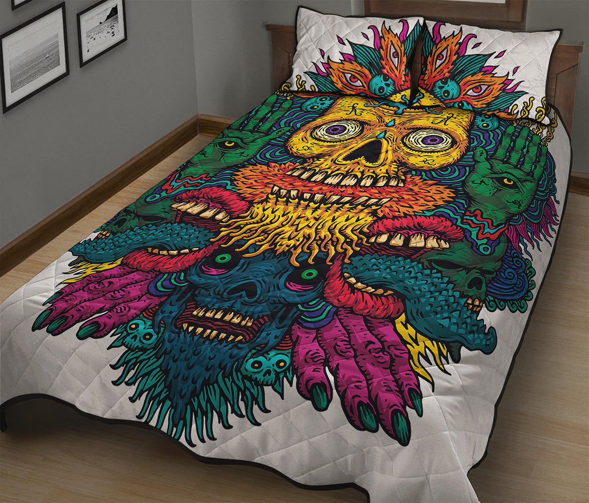Psychedelic Skull Print Quilt Bed Set