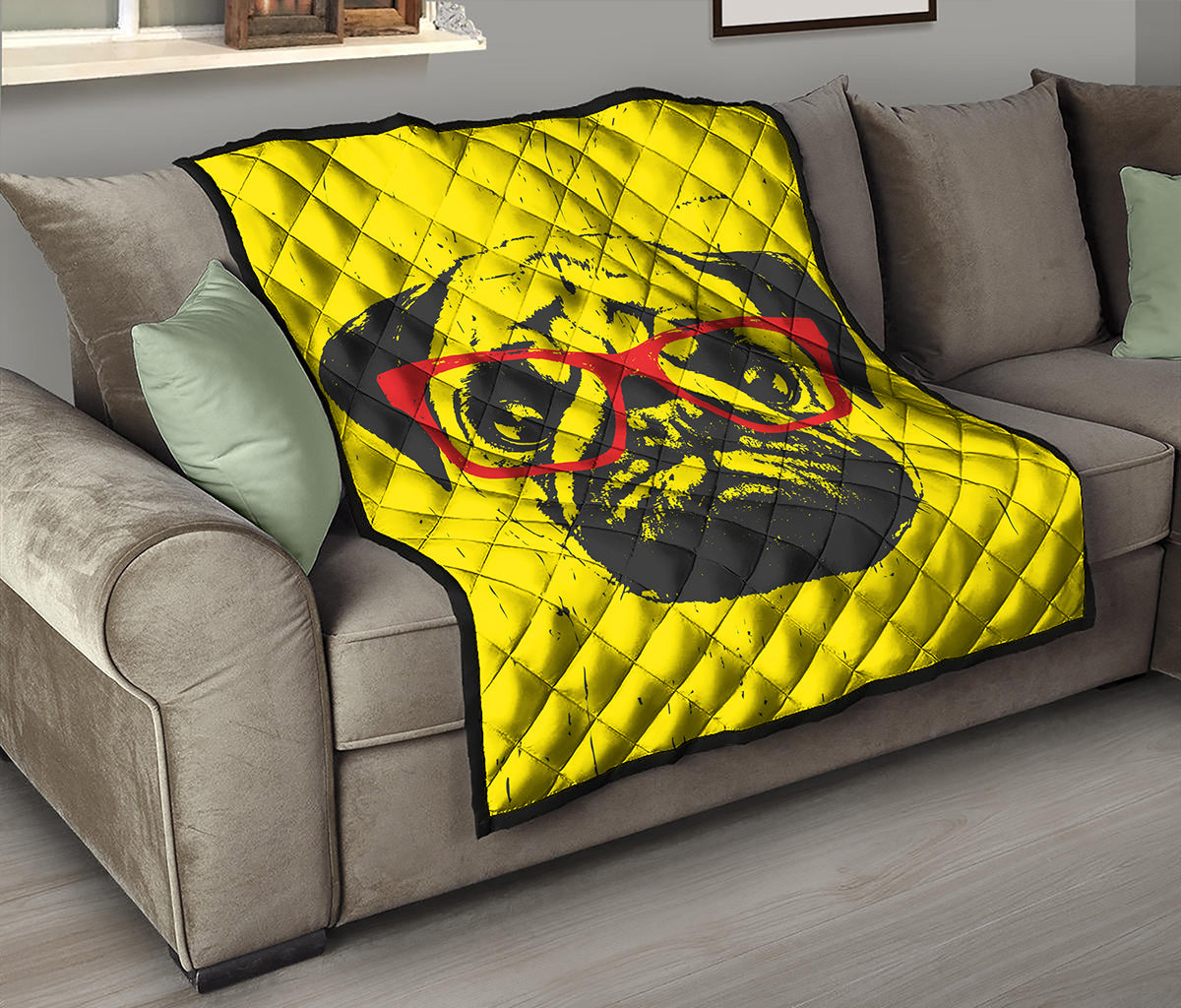Pug With Glasses Portrait Print Quilt
