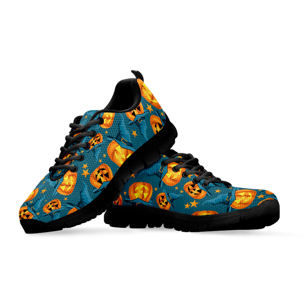 Pumpkin With Witch Hat Pattern Print Black Sneakers