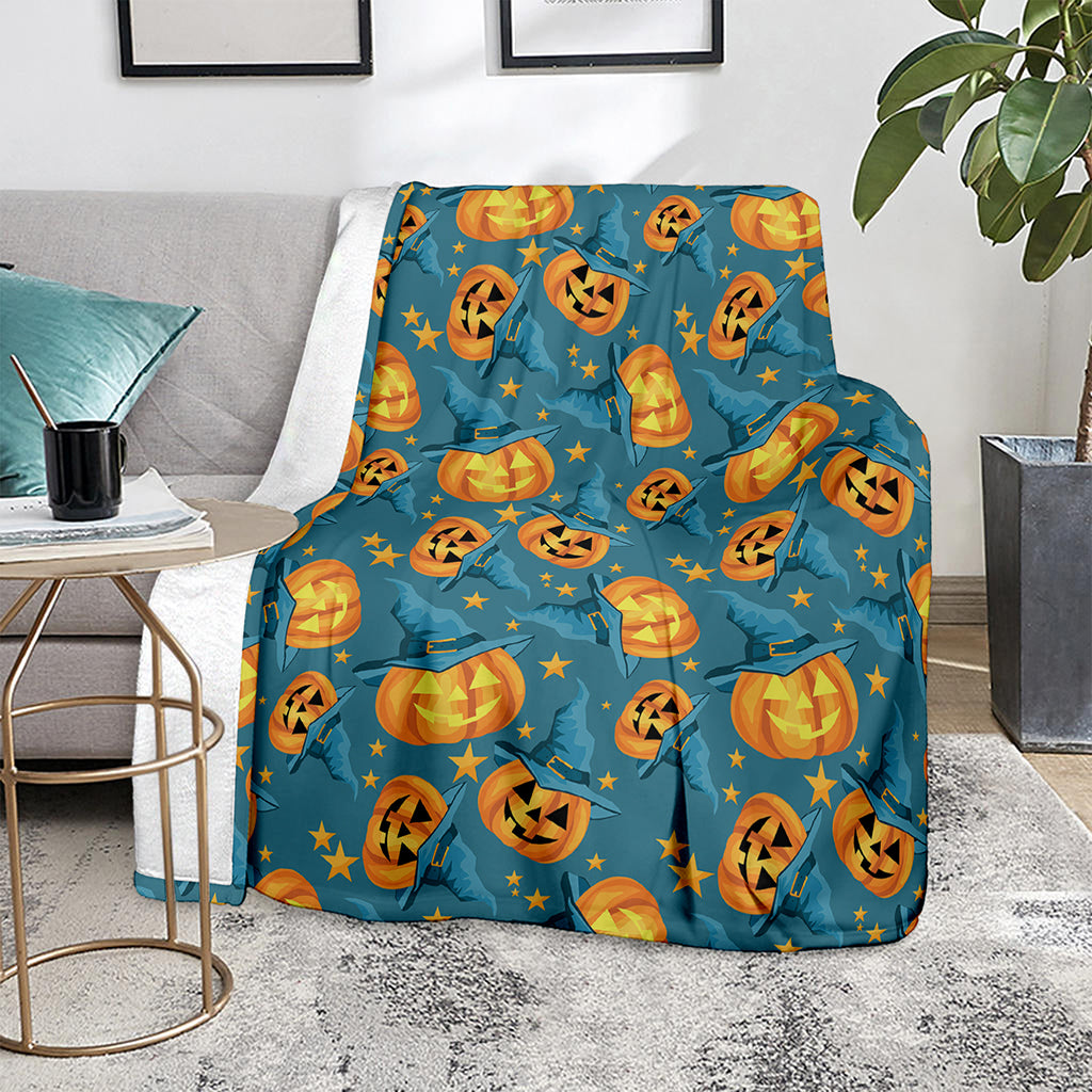 Pumpkin With Witch Hat Pattern Print Blanket
