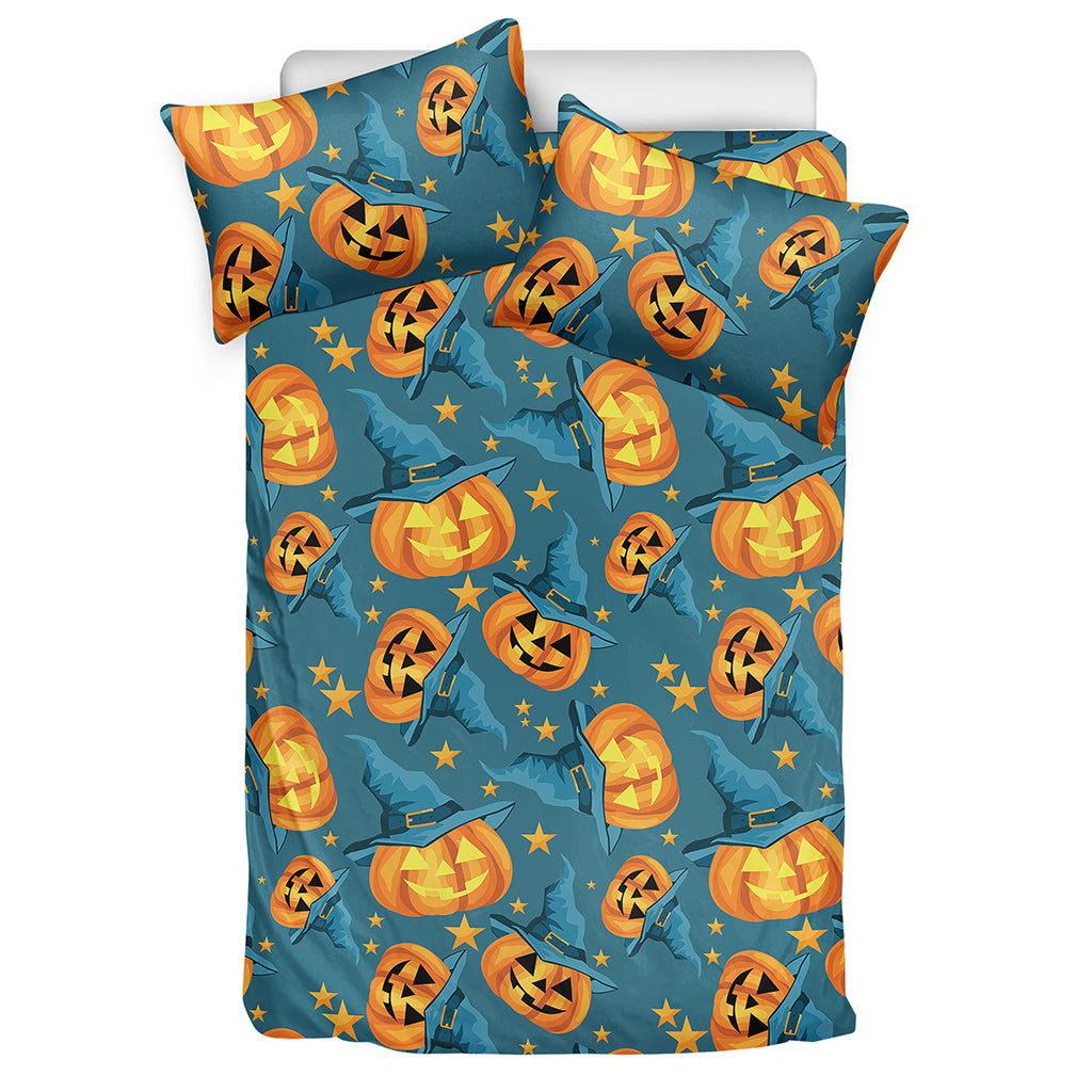 Pumpkin With Witch Hat Pattern Print Duvet Cover Bedding Set