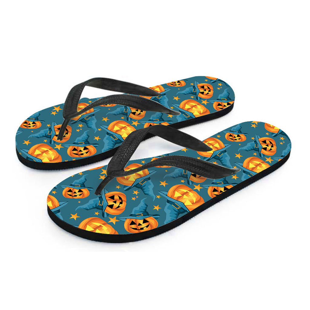 Pumpkin With Witch Hat Pattern Print Flip Flops