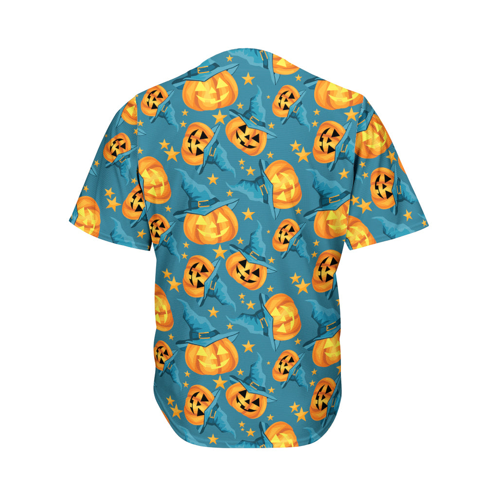 Pumpkin With Witch Hat Pattern Print Men's Baseball Jersey