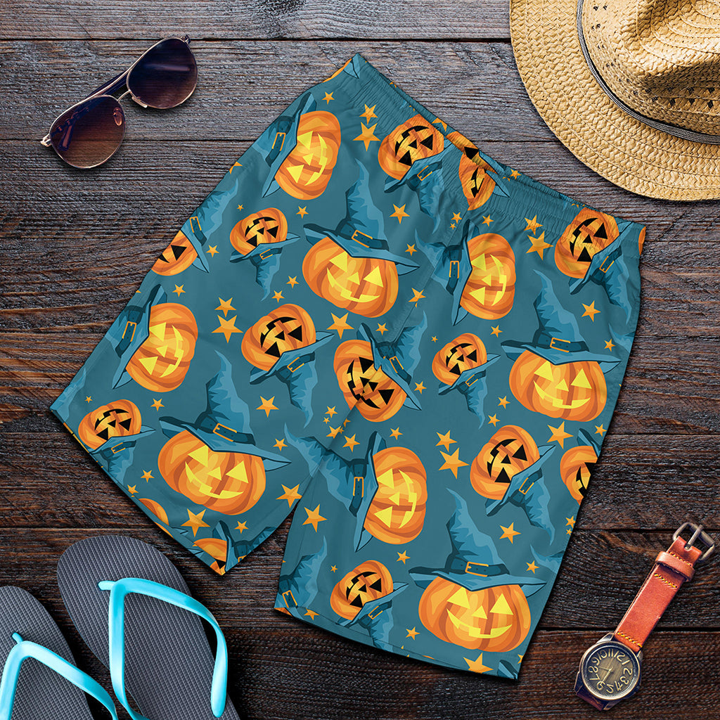 Pumpkin With Witch Hat Pattern Print Men's Shorts
