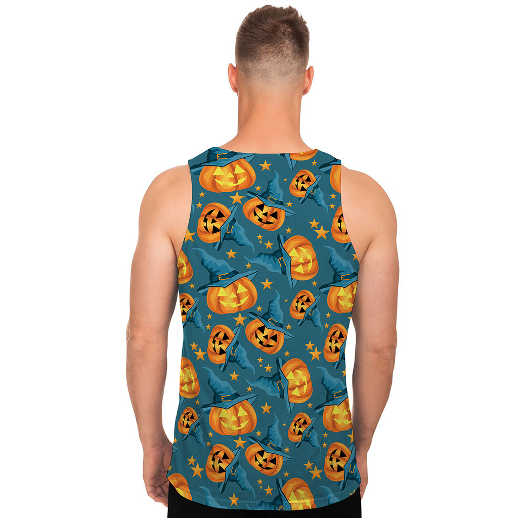 Pumpkin With Witch Hat Pattern Print Men's Tank Top