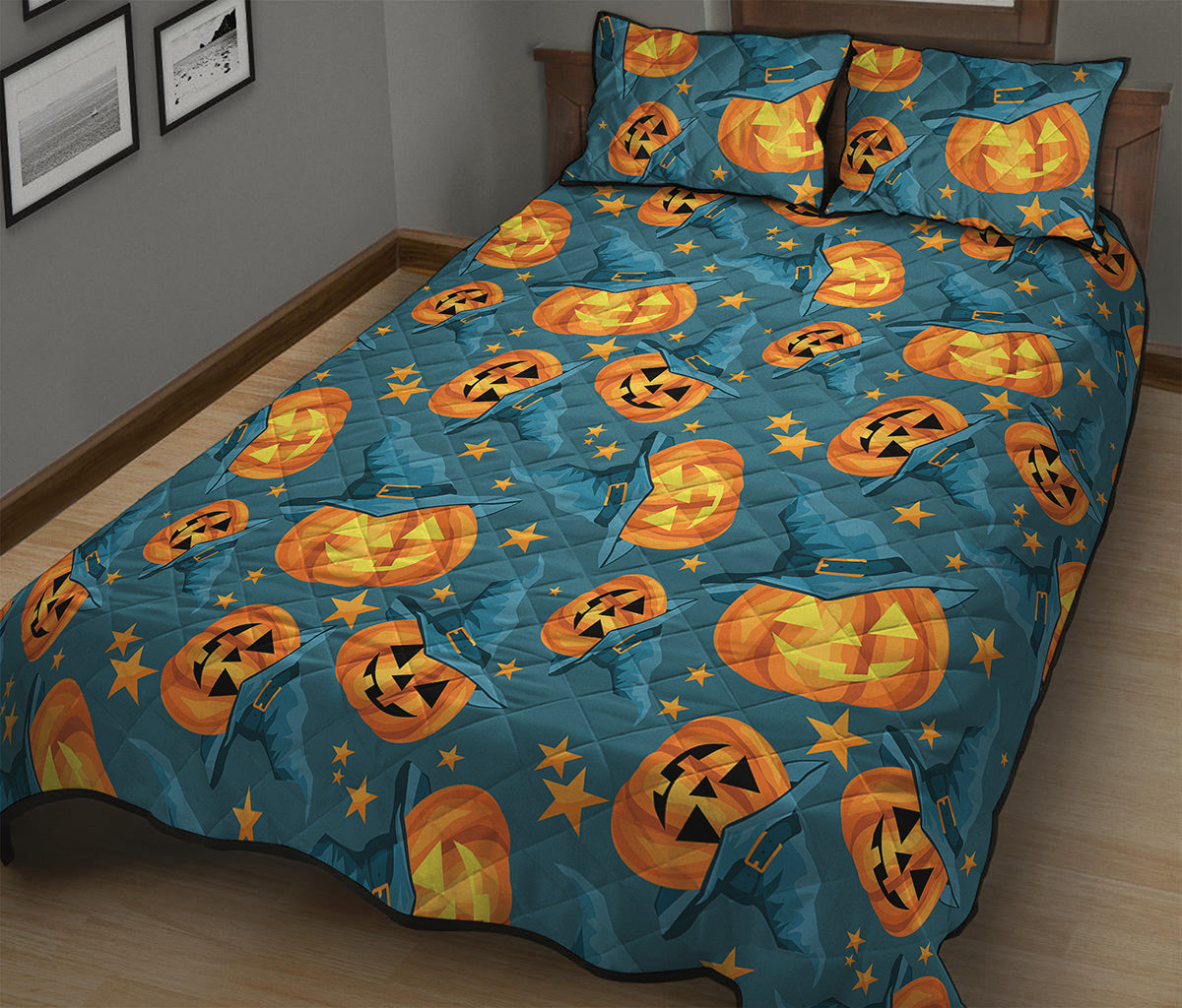 Pumpkin With Witch Hat Pattern Print Quilt Bed Set