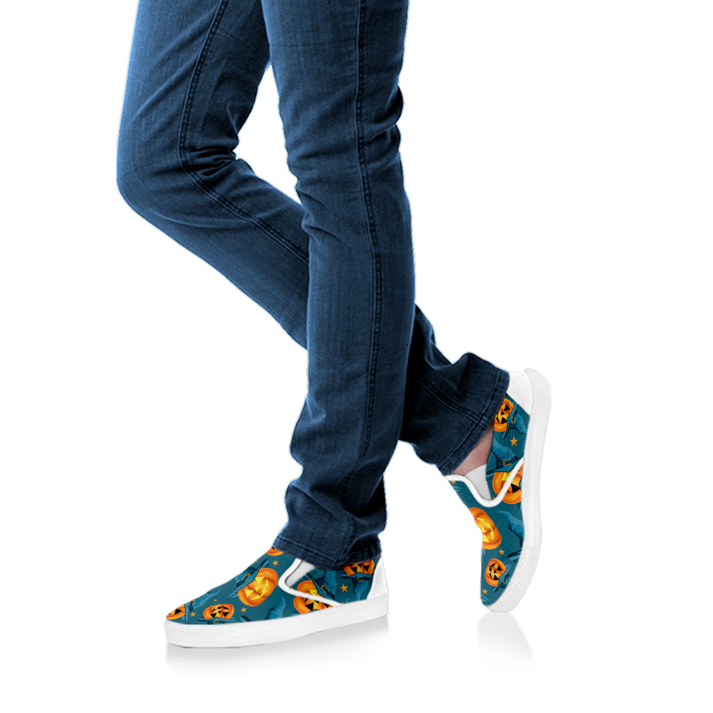 Pumpkin With Witch Hat Pattern Print White Slip On Shoes