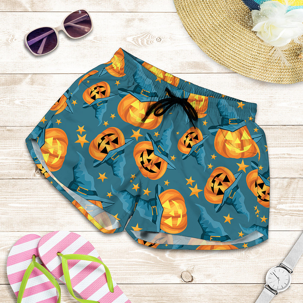 Pumpkin With Witch Hat Pattern Print Women's Shorts