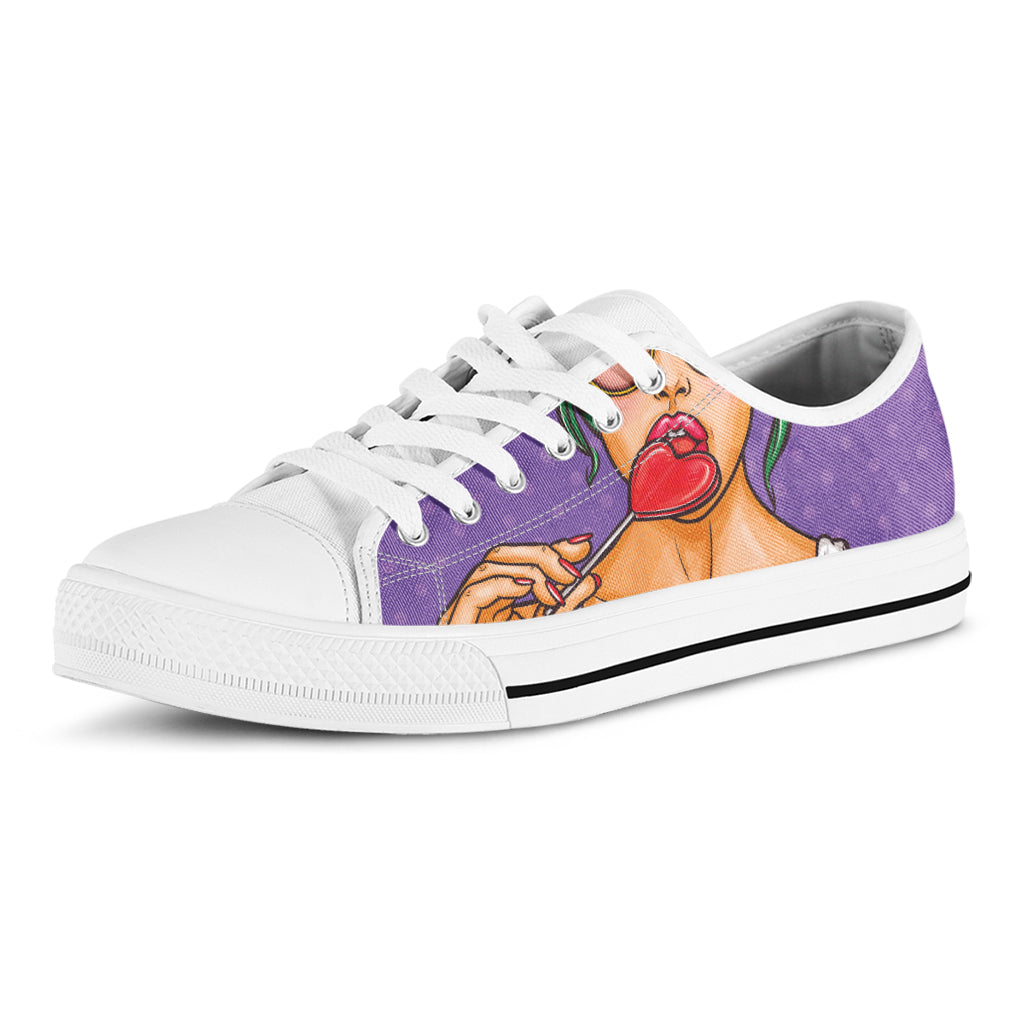 Punk Girl And Lollipop Print White Low Top Shoes