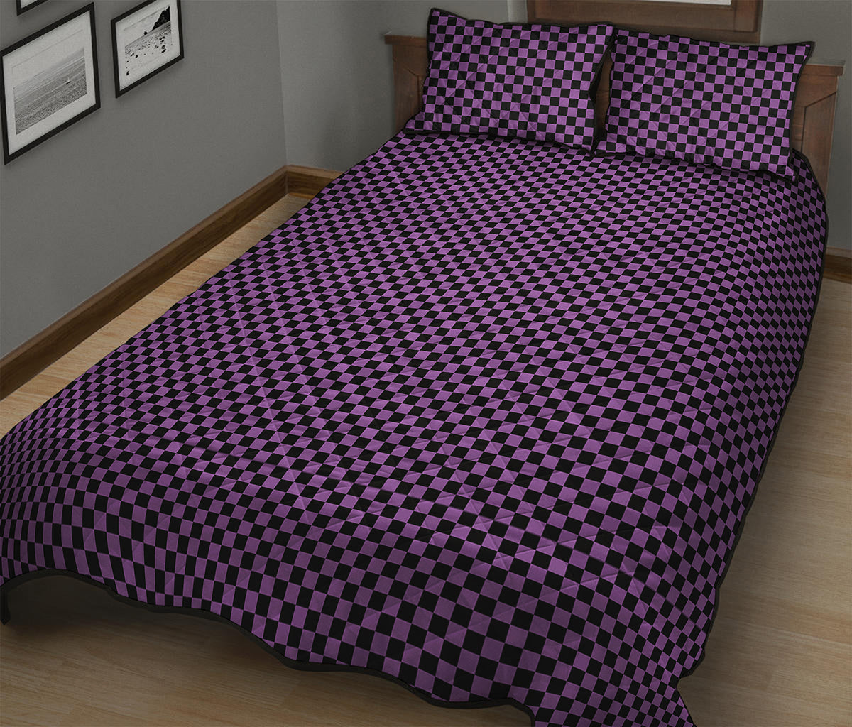 Purple And Black Checkered Pattern Print Quilt Bed Set