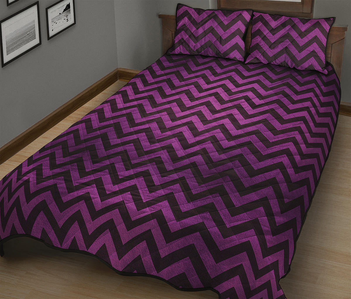 Purple And Black Chevron Pattern Print Quilt Bed Set