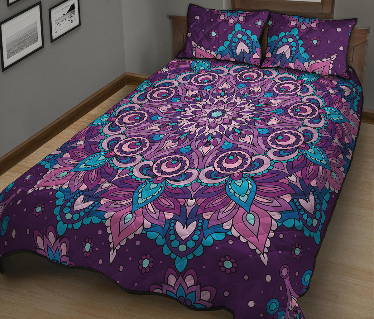 Purple And Blue Mandala Print Quilt Bed Set