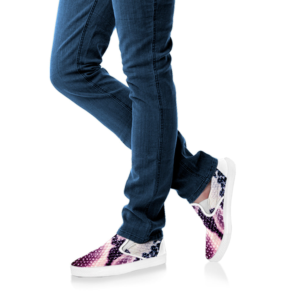 Purple And Blue Snakeskin Print White Slip On Shoes