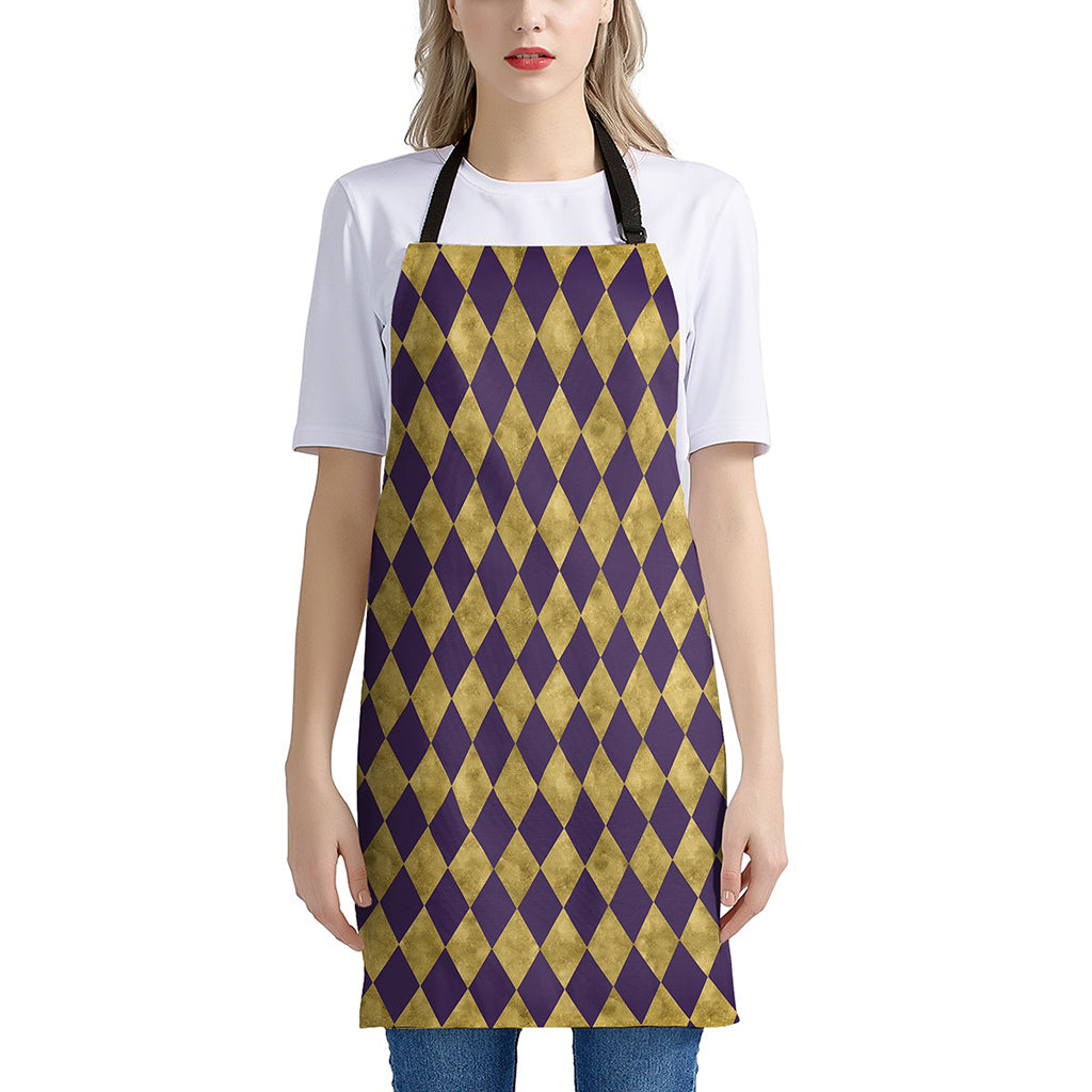 Purple And Gold Harlequin Pattern Print Apron