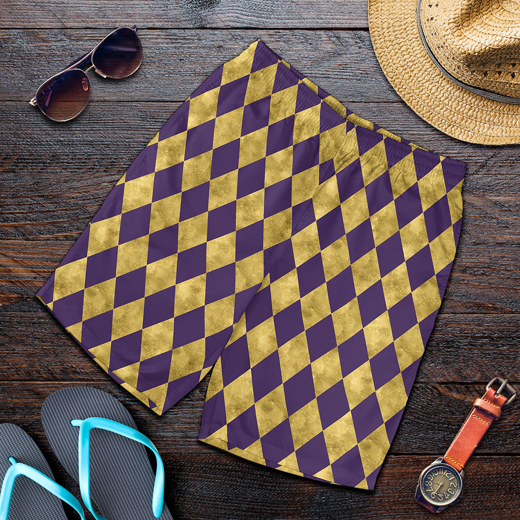Purple And Gold Harlequin Pattern Print Men's Shorts