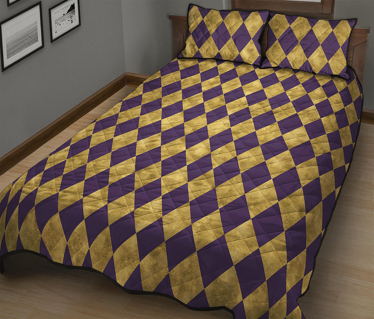 Purple And Gold Harlequin Pattern Print Quilt Bed Set