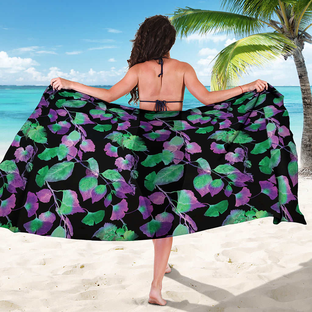 Purple And Green Leaf Pattern Print Beach Sarong Wrap