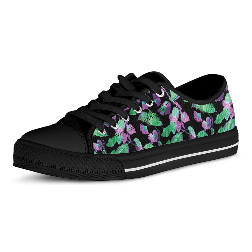 Purple And Green Leaf Pattern Print Black Low Top Shoes