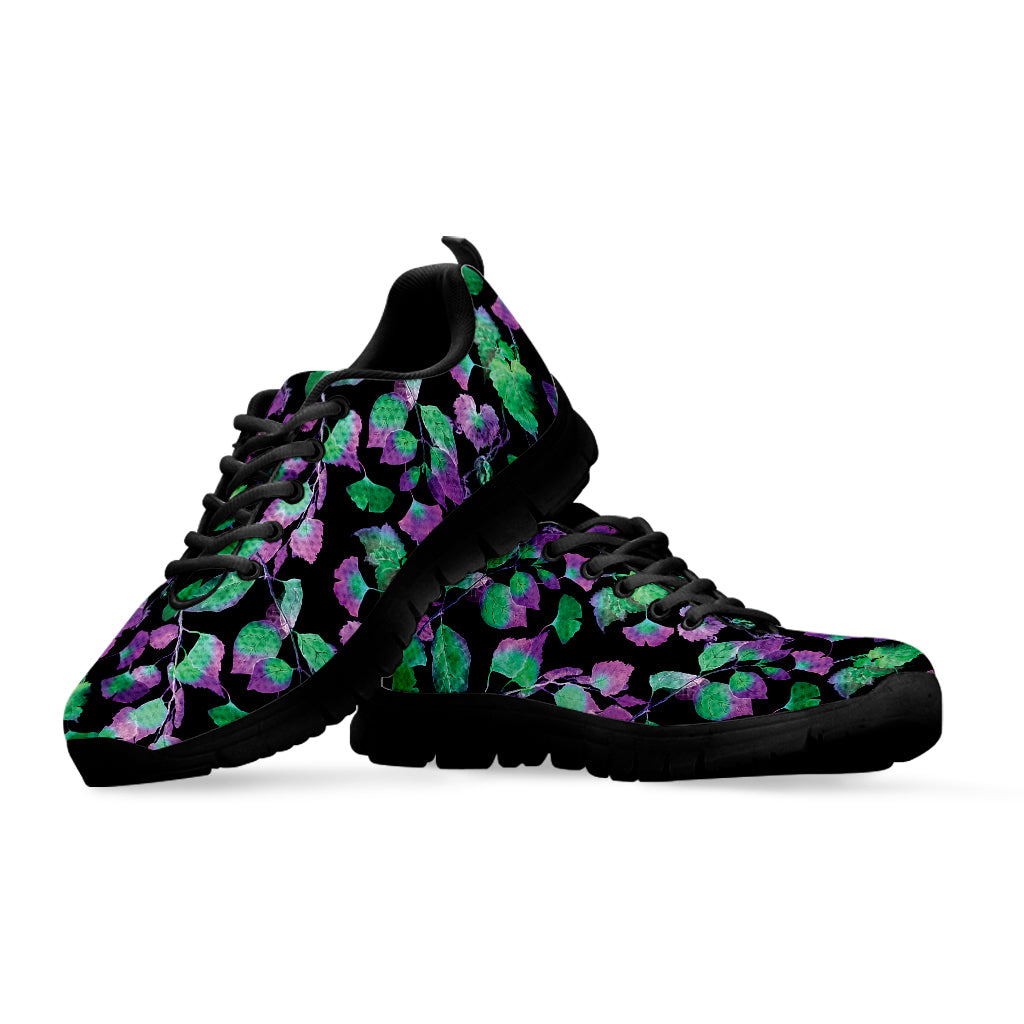 Purple And Green Leaf Pattern Print Black Sneakers
