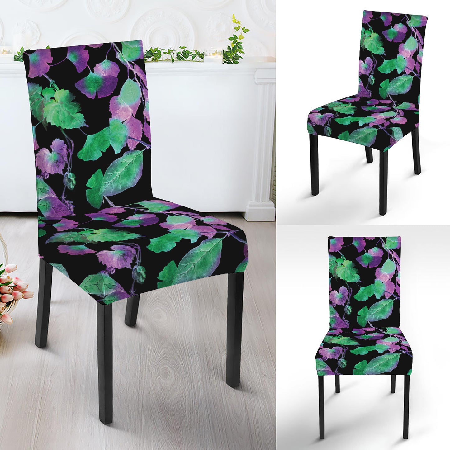 Purple And Green Leaf Pattern Print Dining Chair Slipcover