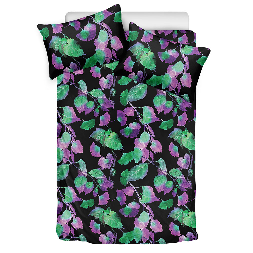 Purple And Green Leaf Pattern Print Duvet Cover Bedding Set
