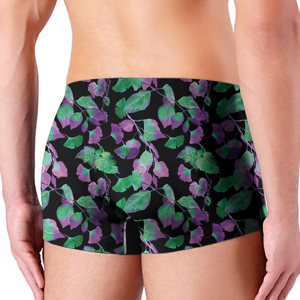Purple And Green Leaf Pattern Print Men's Boxer Briefs