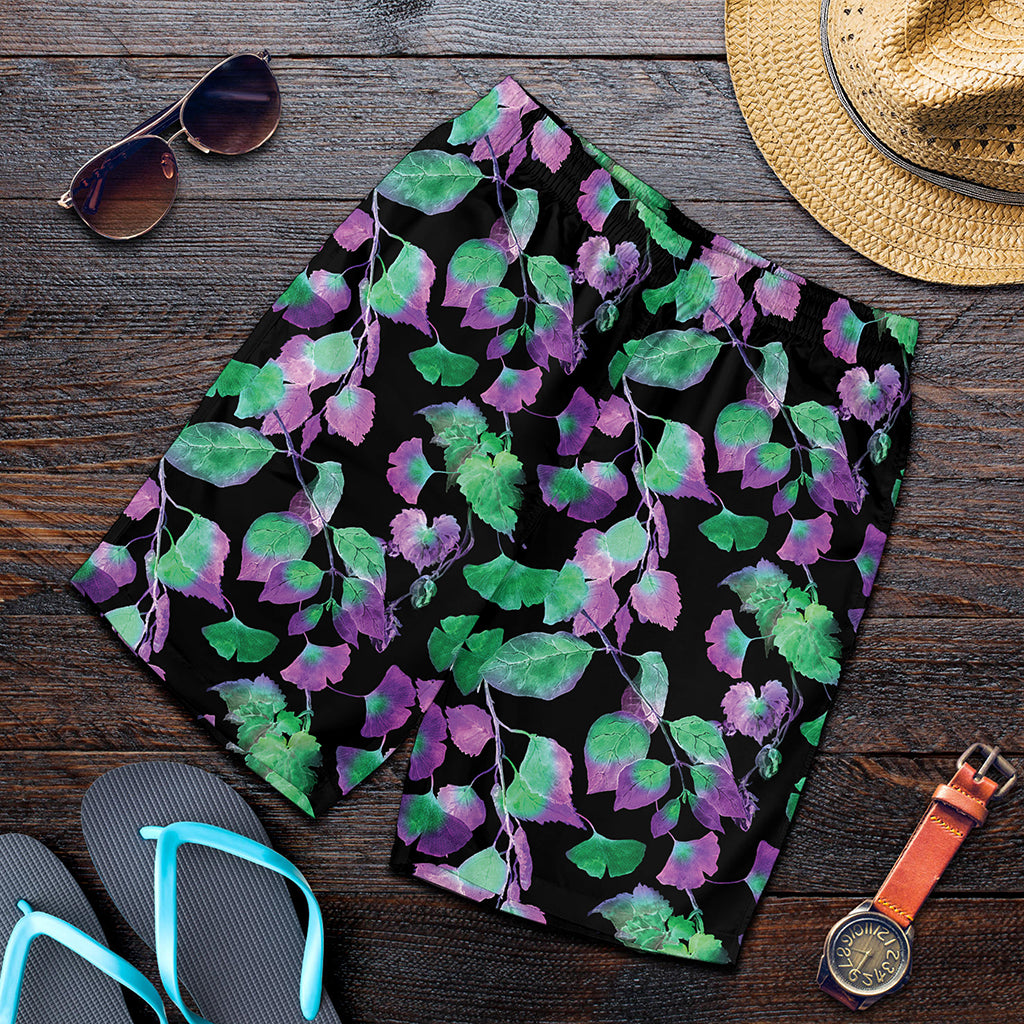 Purple And Green Leaf Pattern Print Men's Shorts