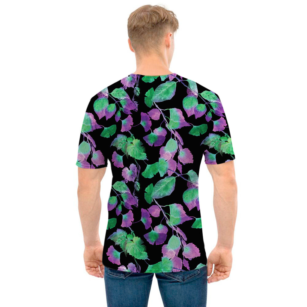 Purple And Green Leaf Pattern Print Men's T-Shirt