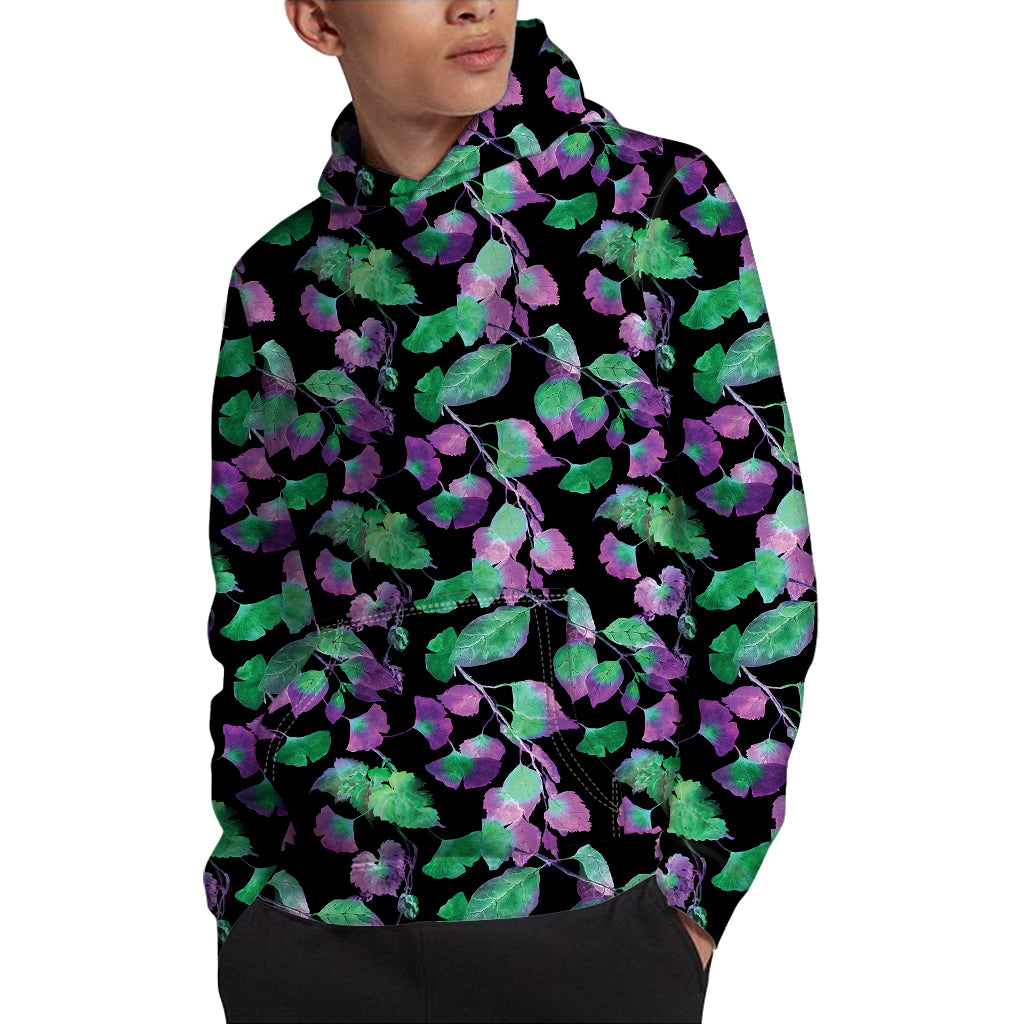 Purple And Green Leaf Pattern Print Pullover Hoodie