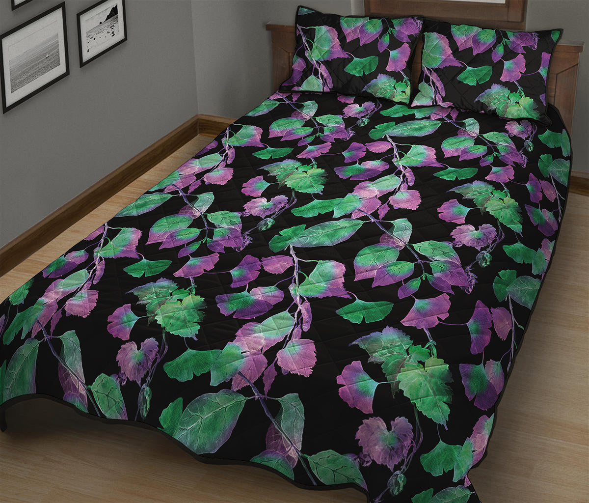 Purple And Green Leaf Pattern Print Quilt Bed Set