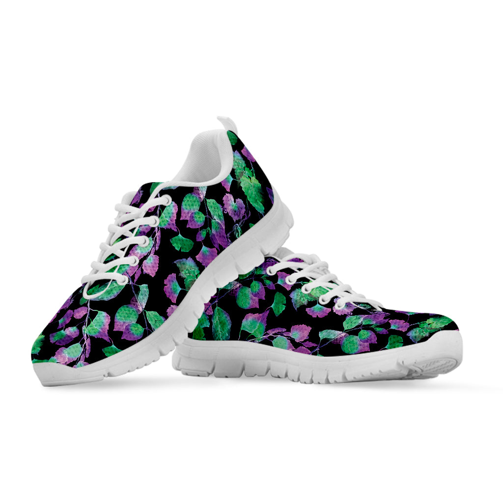Purple And Green Leaf Pattern Print White Sneakers