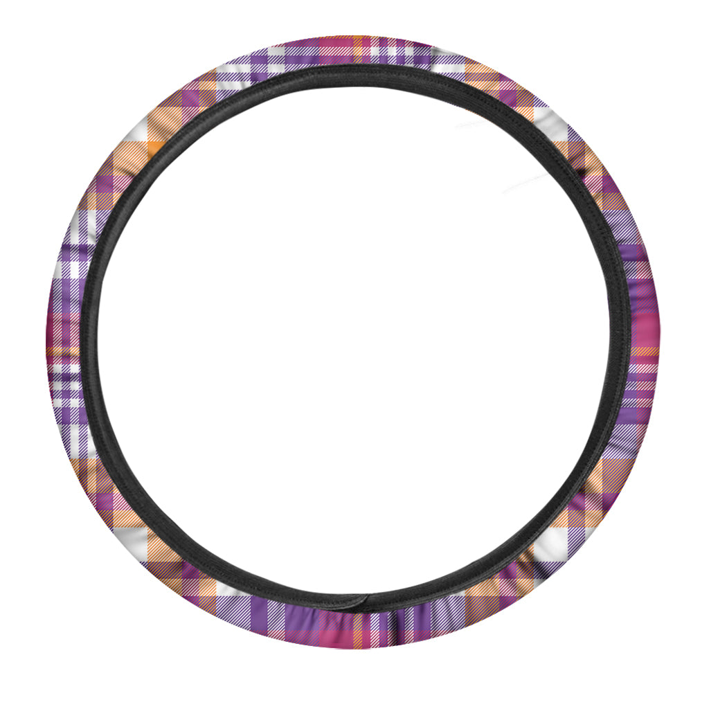 Purple And Orange Madras Plaid Print Car Steering Wheel Cover