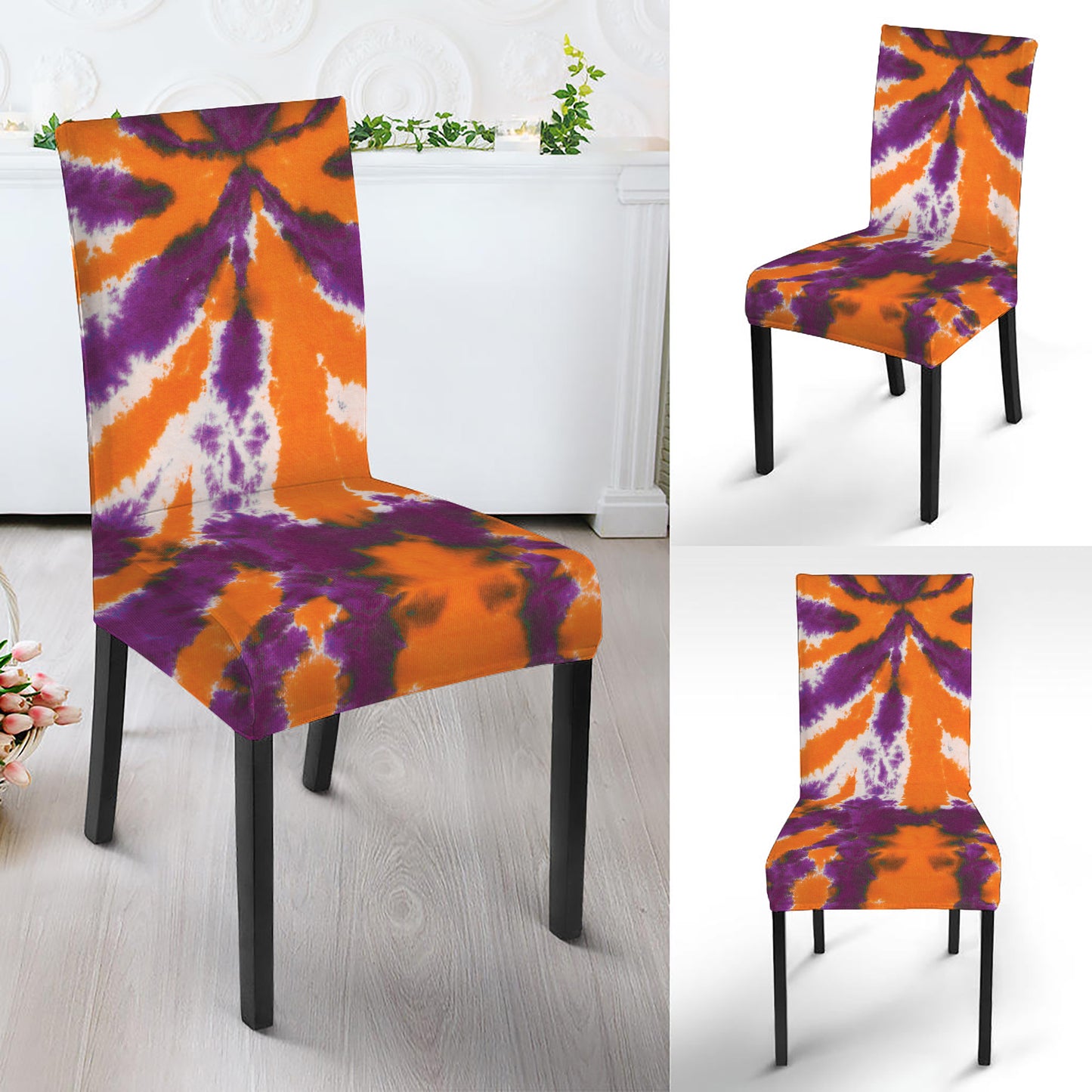 Purple And Orange Spider Tie Dye Print Dining Chair Slipcover