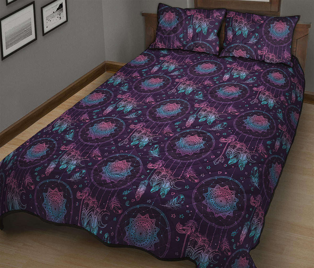 Purple And Teal Dream Catcher Print Quilt Bed Set