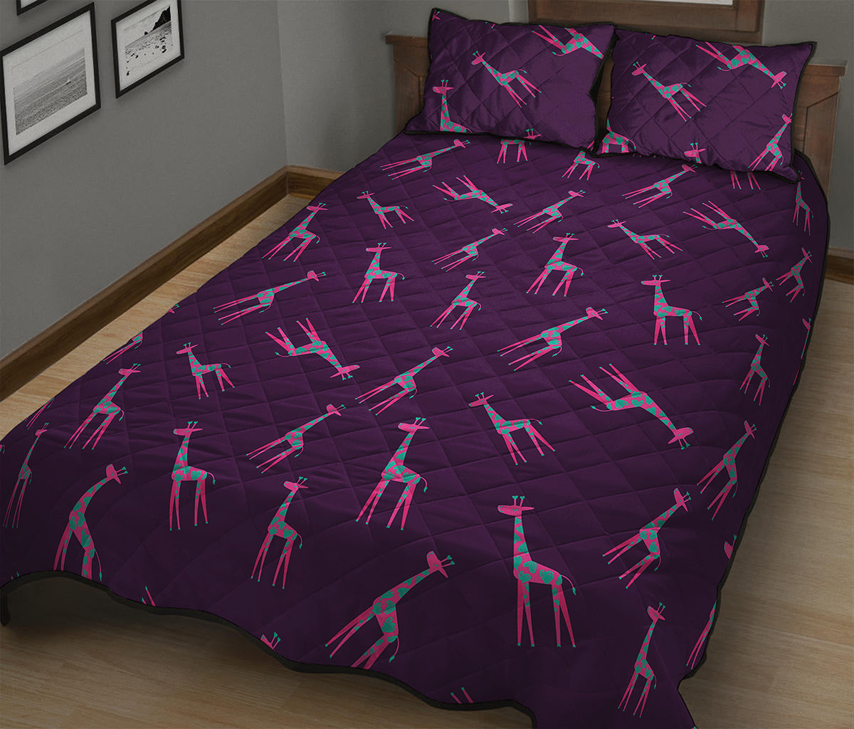 Purple And Teal Giraffe Pattern Print Quilt Bed Set