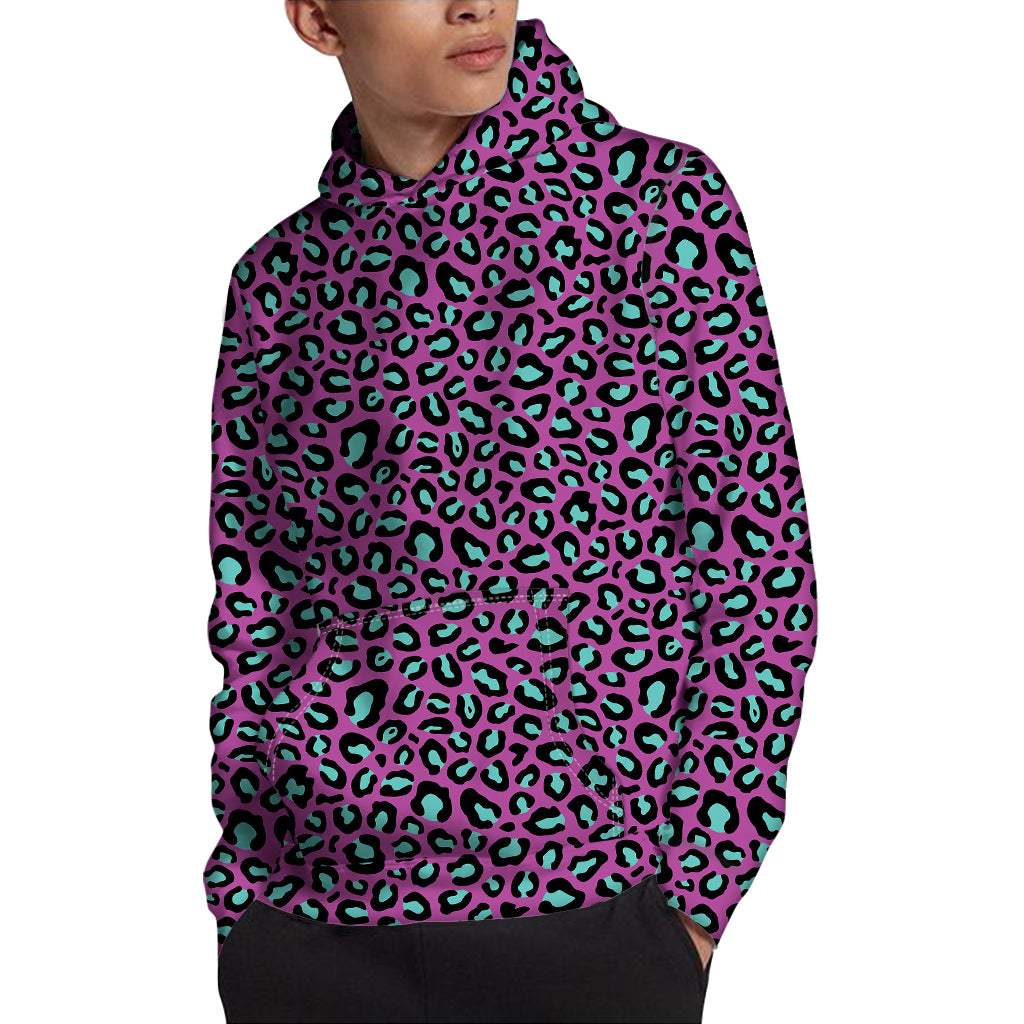 Purple And Teal Leopard Pattern Print Pullover Hoodie