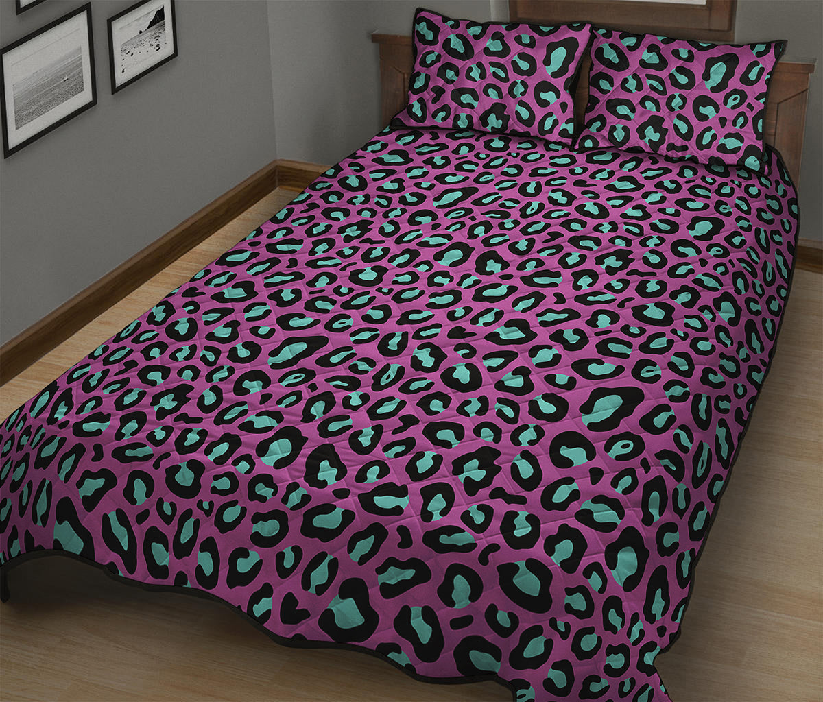 Purple And Teal Leopard Pattern Print Quilt Bed Set