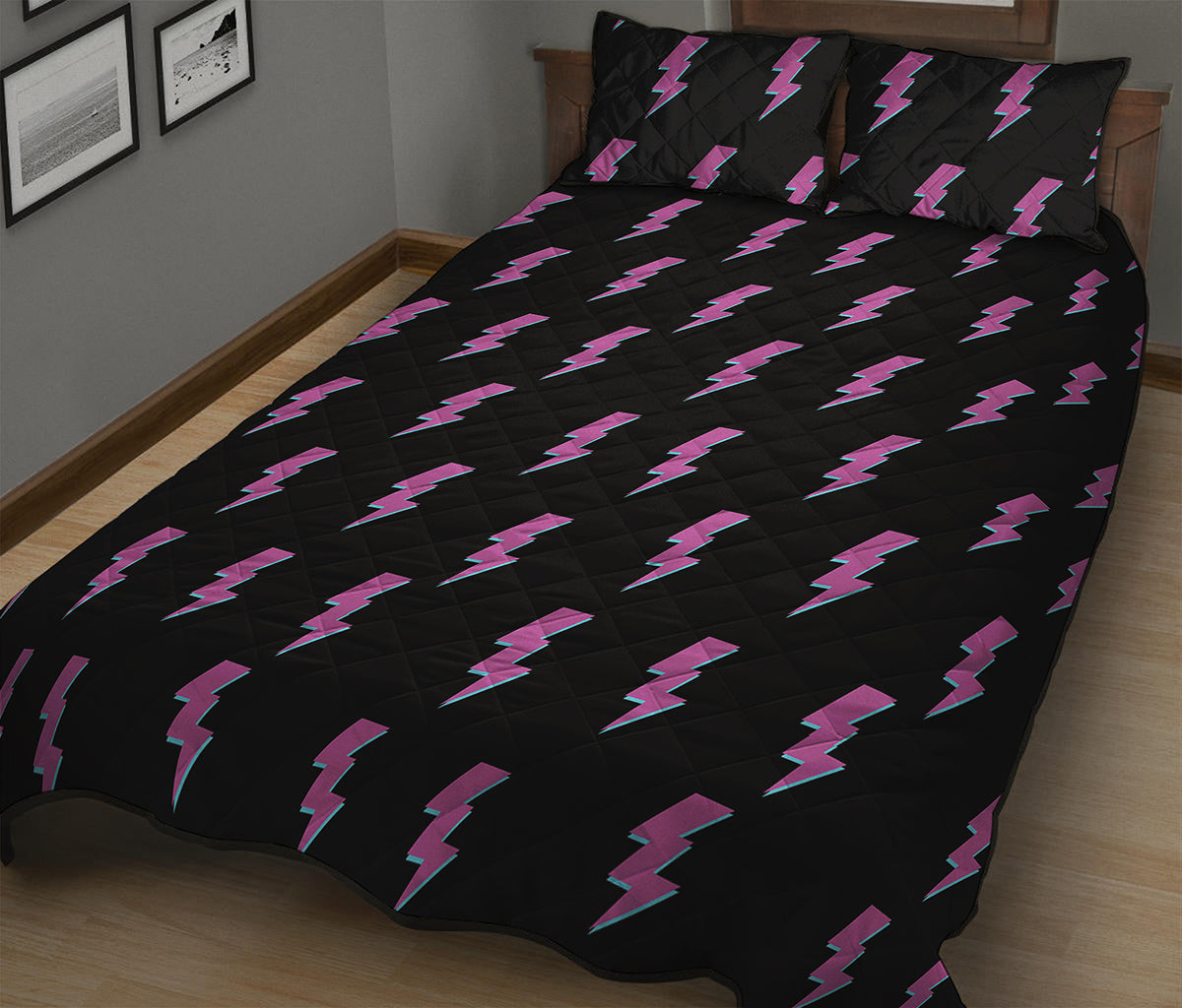 Purple And Teal Lightning Pattern Print Quilt Bed Set