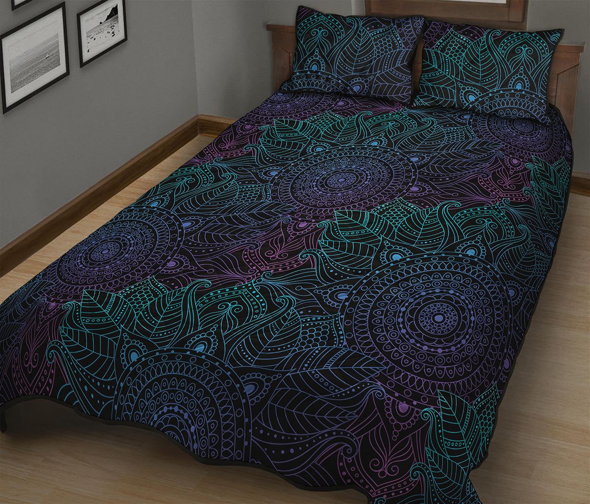 Purple And Teal Mandala Print Quilt Bed Set