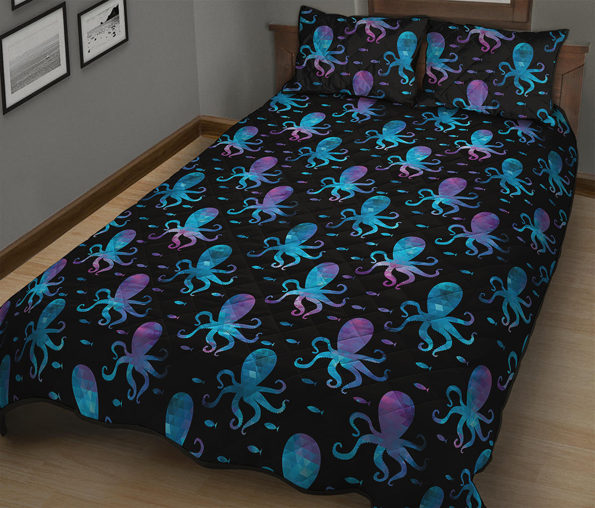 Purple And Teal Octopus Pattern Print Quilt Bed Set
