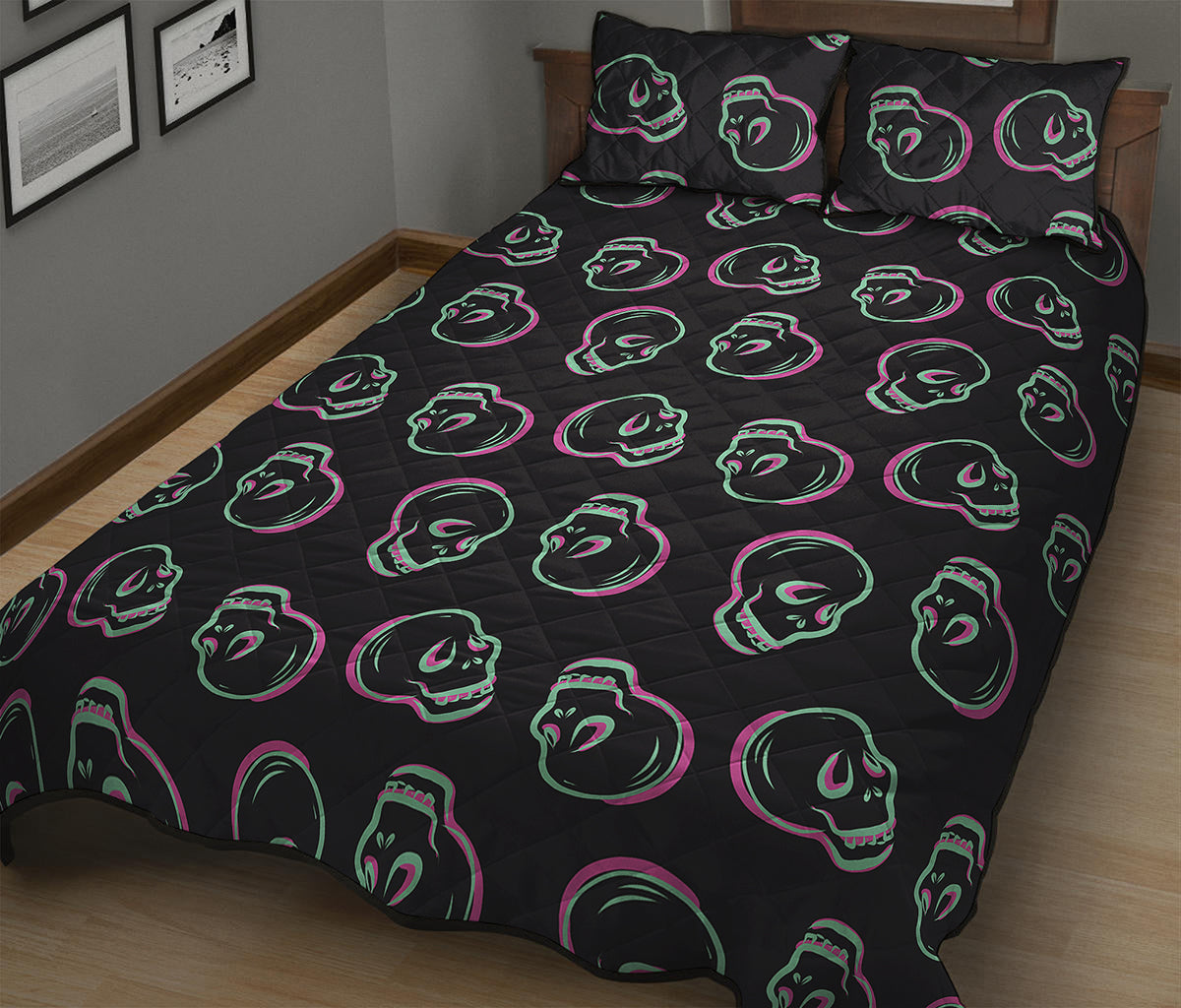 Purple And Teal Skull Pattern Print Quilt Bed Set