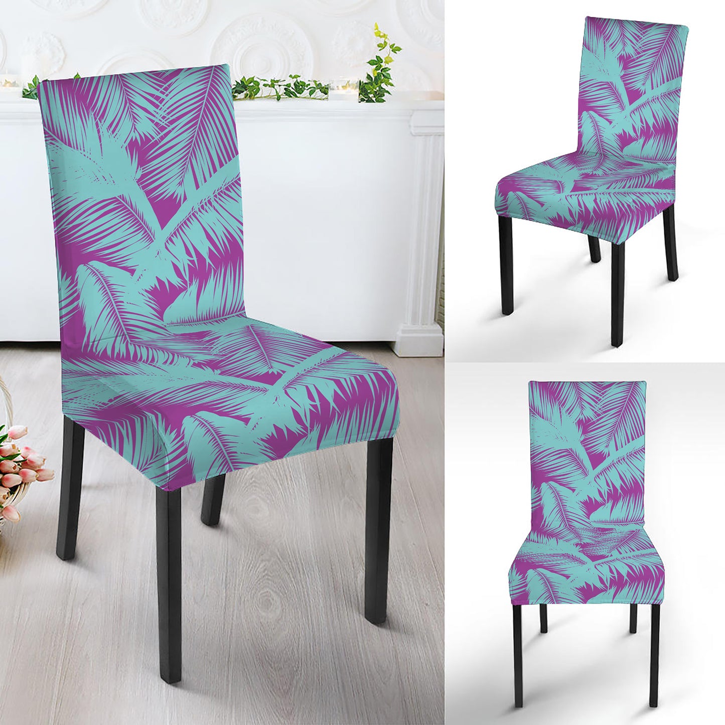 Purple And Teal Tropical Leaf Print Dining Chair Slipcover