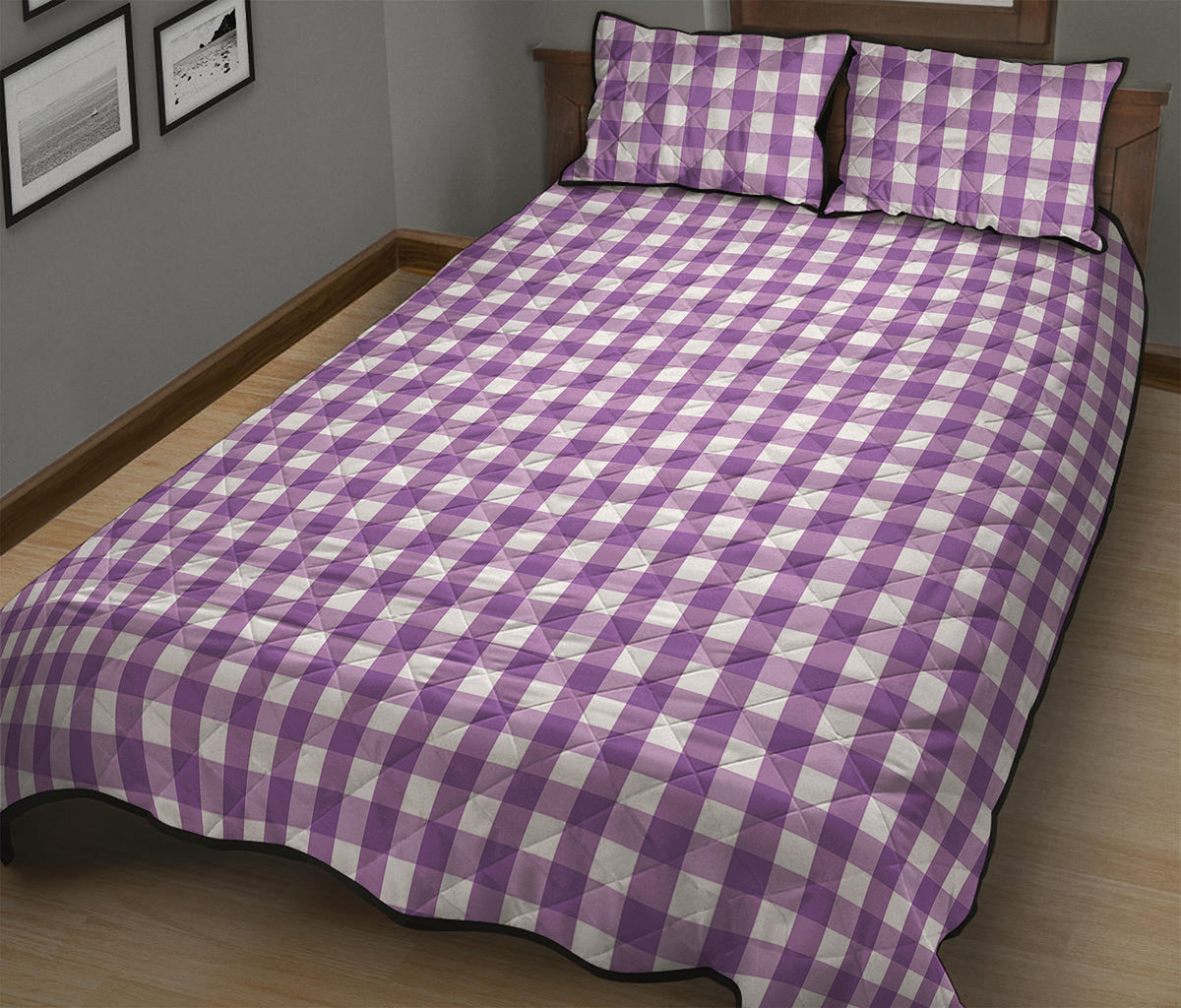 Purple And White Check Pattern Print Quilt Bed Set