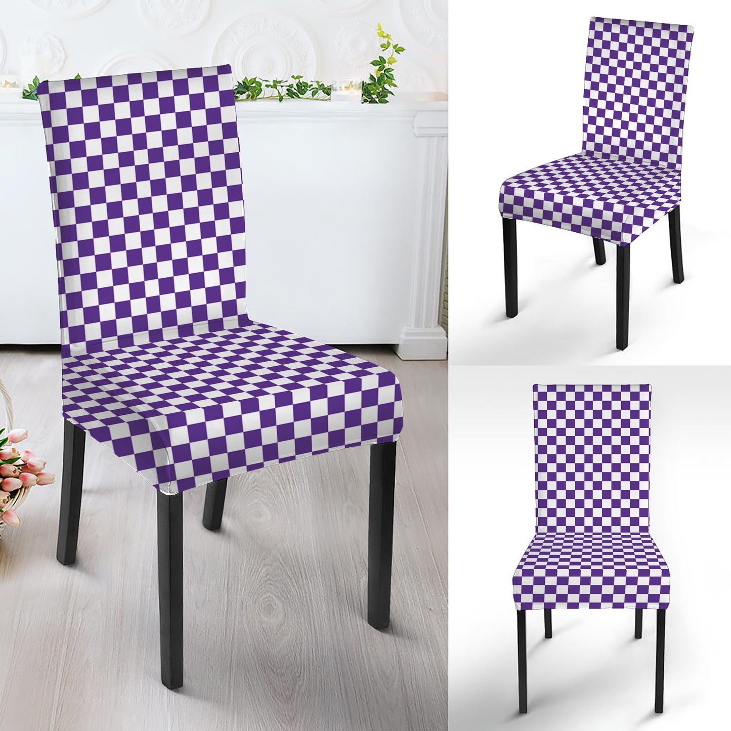Purple And White Checkered Pattern Print Dining Chair Slipcover