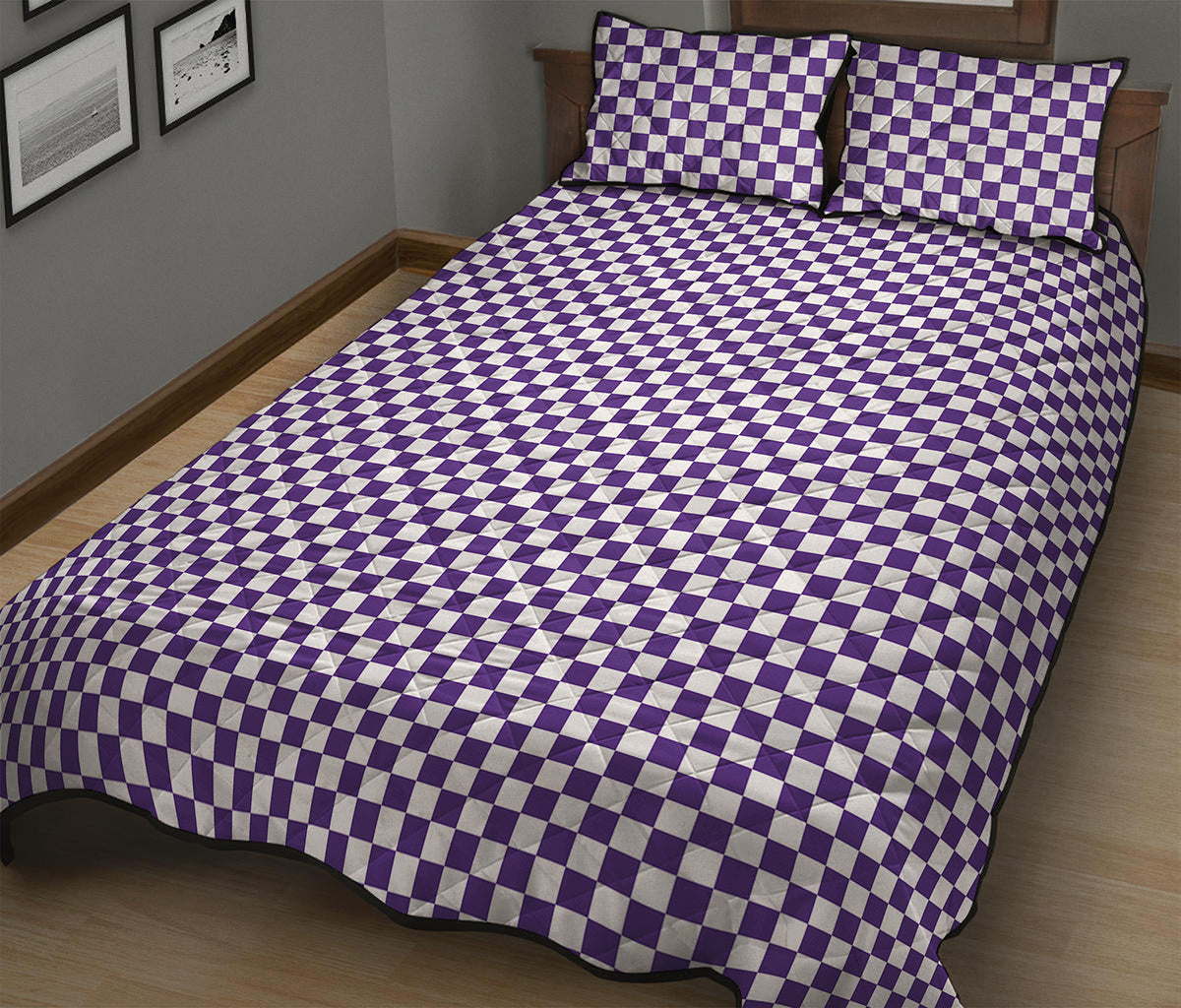 Purple And White Checkered Pattern Print Quilt Bed Set