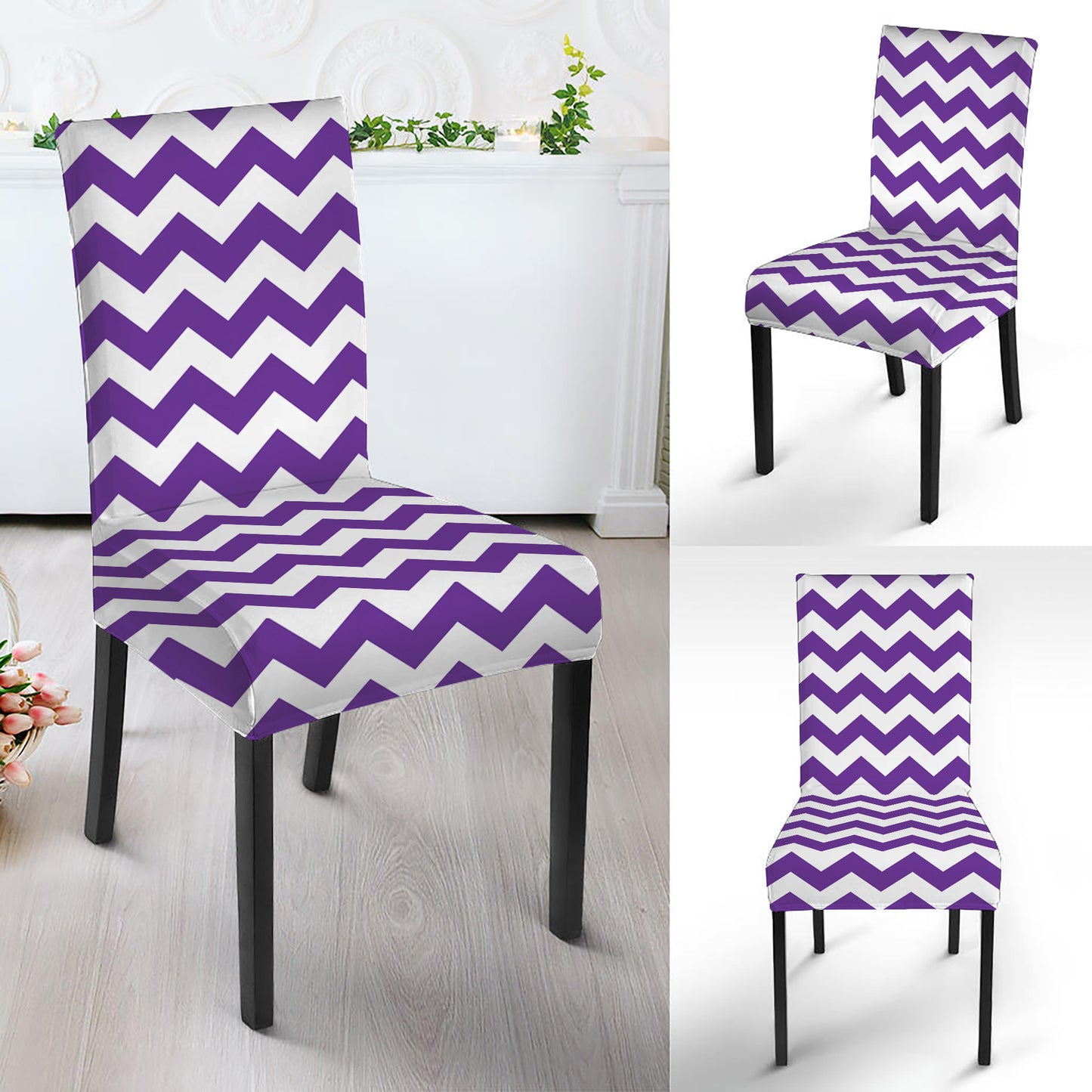 Purple And White Chevron Pattern Print Dining Chair Slipcover